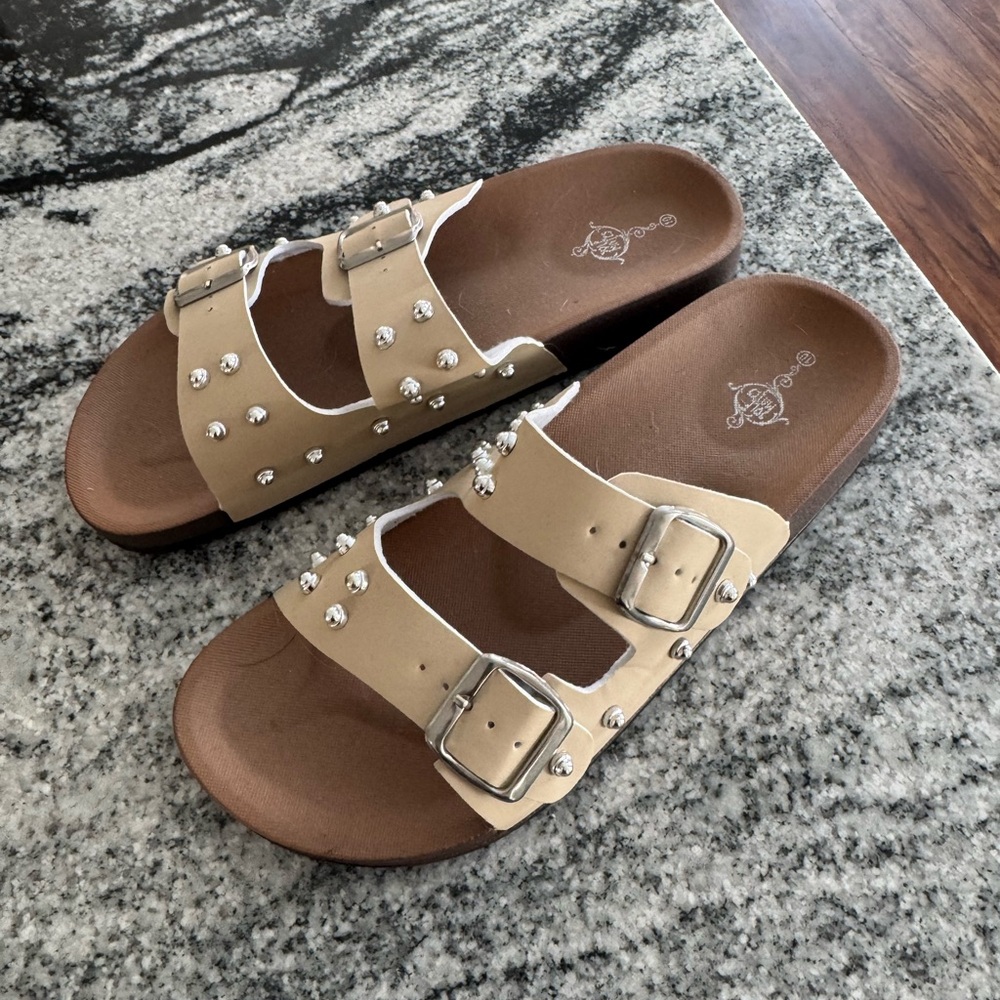 Studded Tan Sandals with Buckles